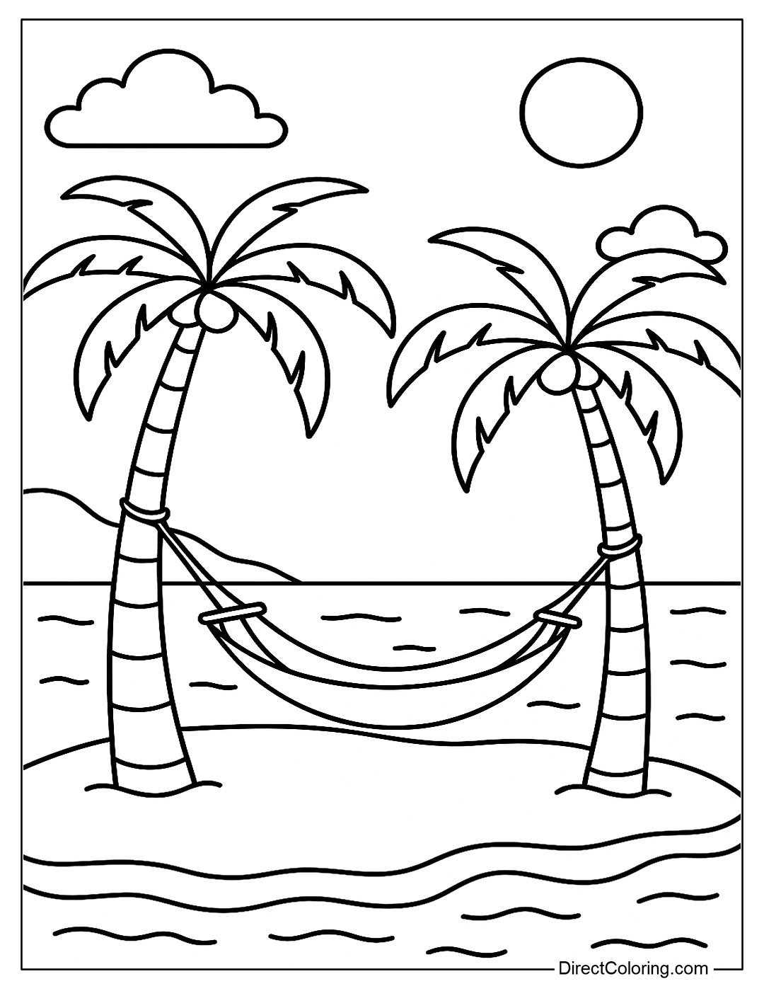coloring page A hammock hung between two palm trees on a tropical island